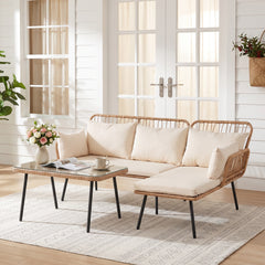 3-Piece Patio Furniture Set with Coffee Table and L-Shaped Sectional Sofa-Beige