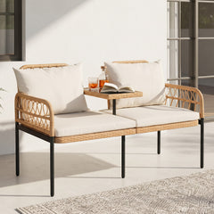 Rattan Jack and Jill Seat with Built-In Table and Cushions for Patio Balcony-Beige