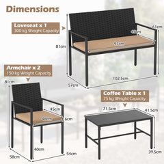 4-Piece Outdoor Rattan Chairs and Loveseat with Tempered Glass Coffee Table for Backyard-Yellow