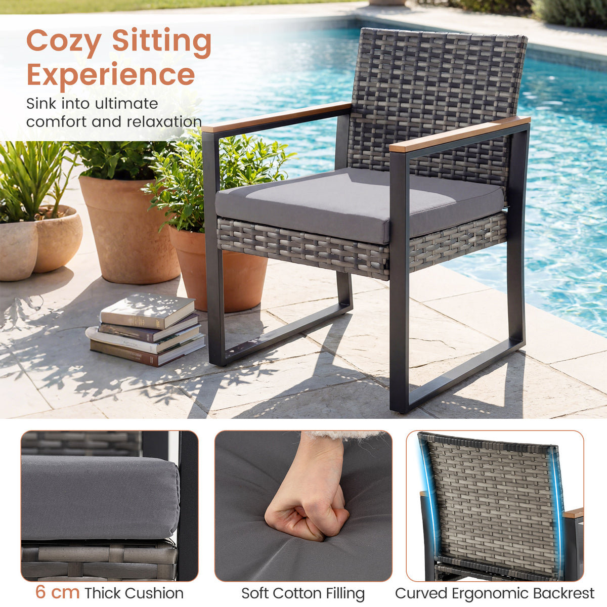 3-Piece PE Wicker Patio Set with Soft Cushion and Side Table for Balcony-Grey