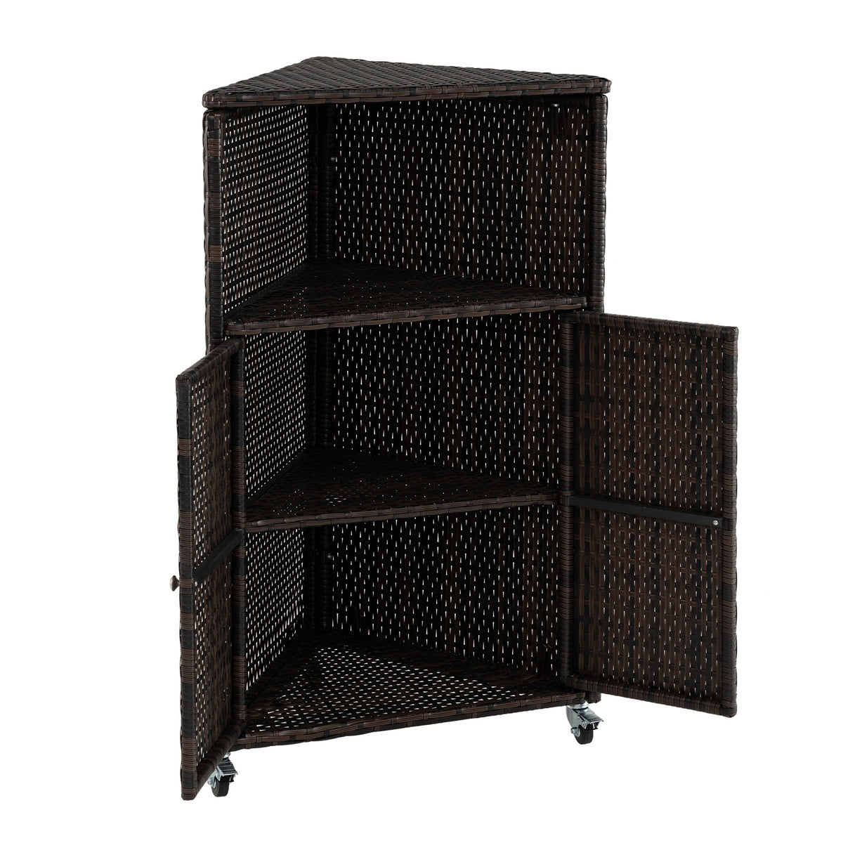 Outdoor Rattan Storage Cabinet with Shelves and 2 Doors and Lockable Wheels for Patio-Brown