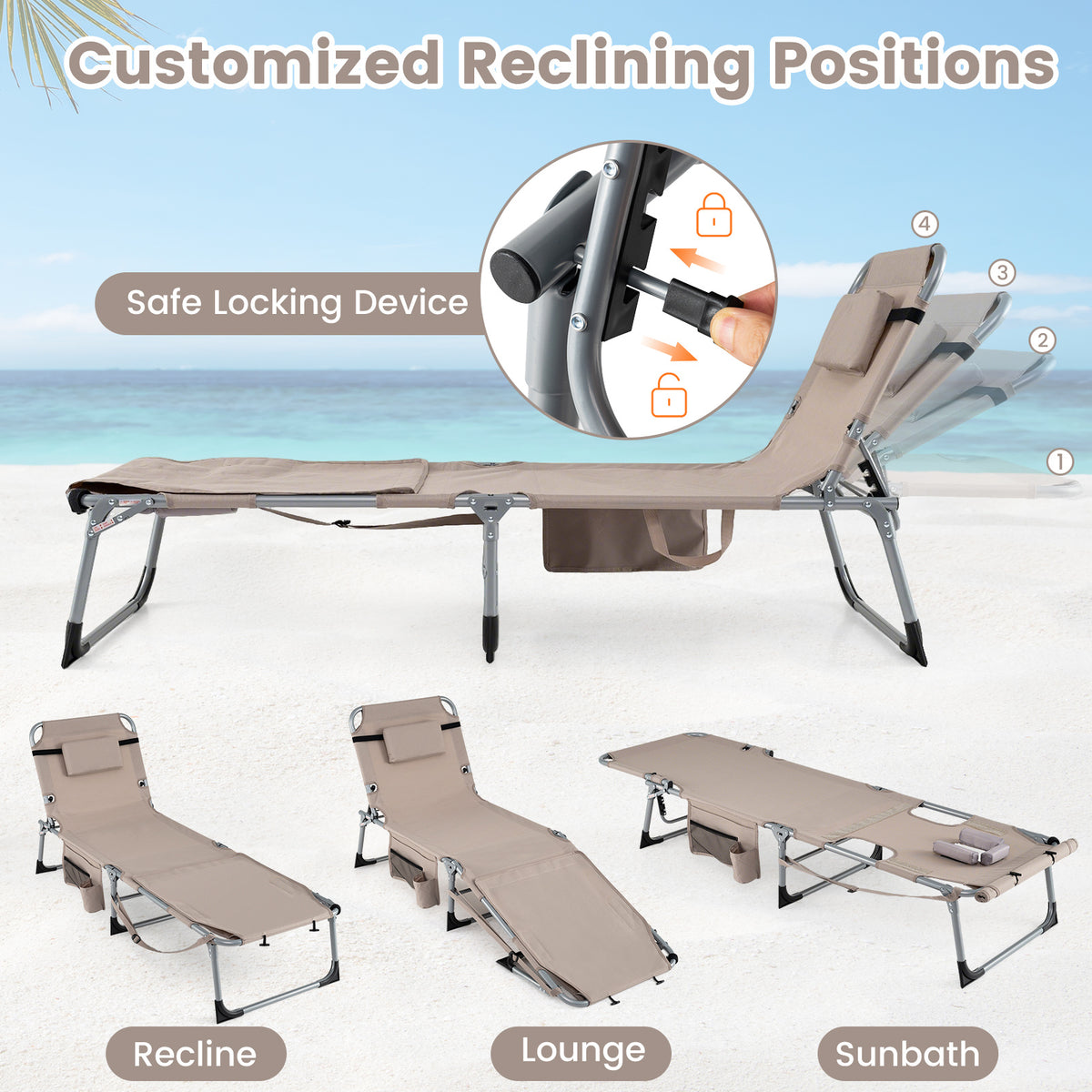 Tanning Chair with Face Arm Holes and 4-Level Backrest with Head Pillow-Sand