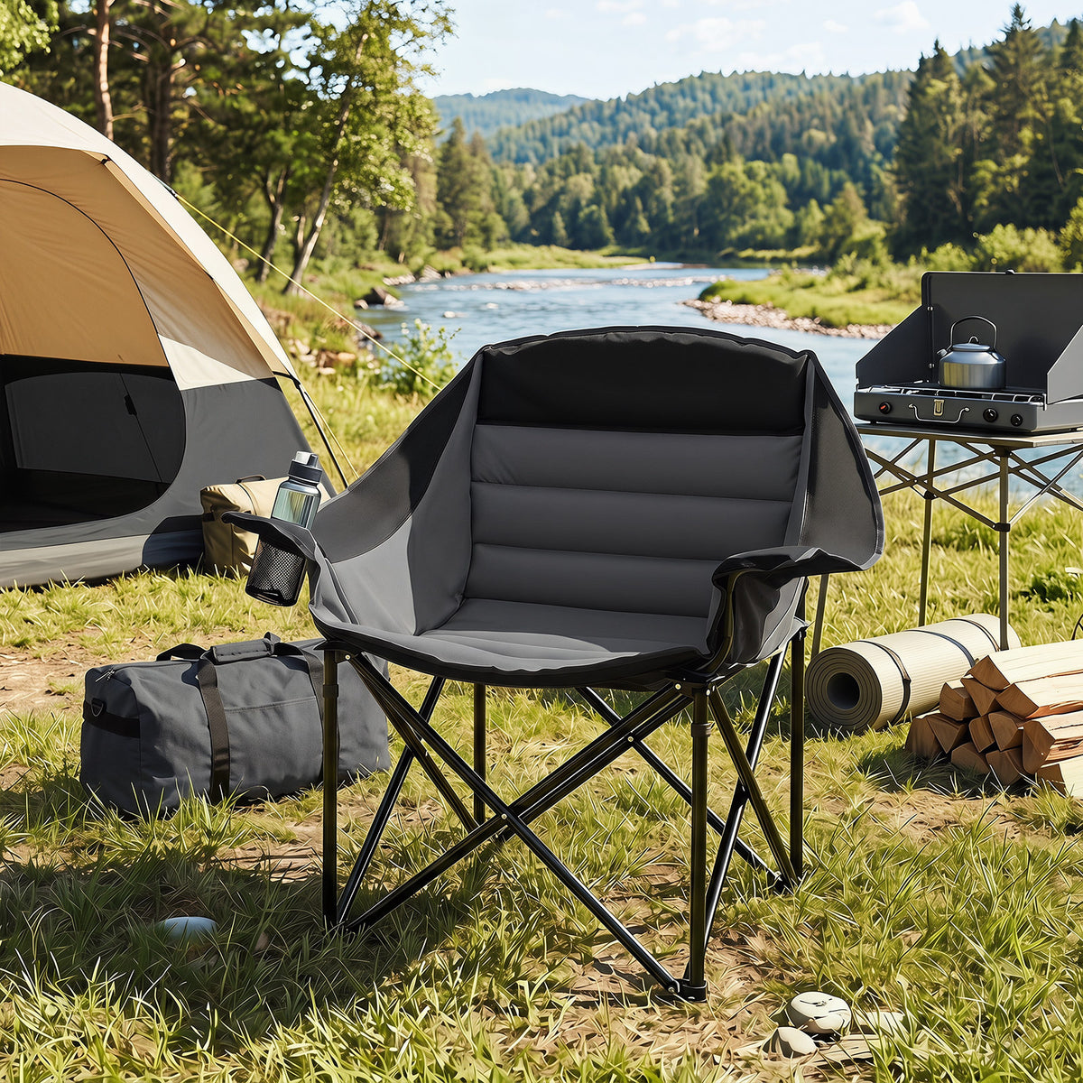 Heavy Duty Camping Chair with Padded Seat and Cup Holder-Black