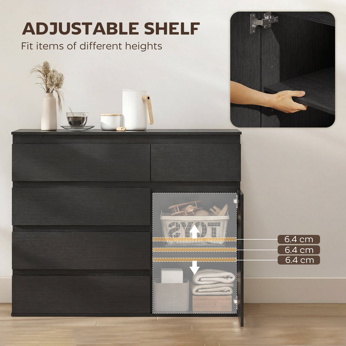 HOMCOM Modern Chest Of Drawers, 5 Drawer Dresser with Adjustable Shelf, Soft-Close Door, Black