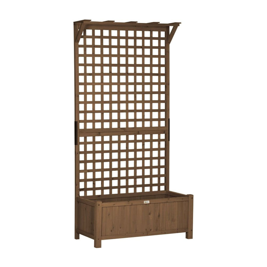 Outsunny Raised Bed with Drainage Holes, Wood Planter with Trellis for Climbing Plants to Grow Vegetables, Flowers, Brown