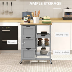 HOMCOM Rolling Kitchen Island Cart, Bar Serving Cart, Compact Trolley on Wheels with Wood Top, Shelves & Drawers, Grey