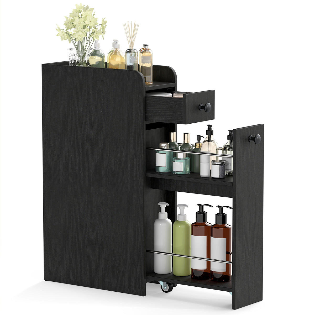 The floor cabinet showing the open drawer and the slide-out shelf with bottles