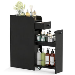 The floor cabinet showing the open drawer and the slide-out shelf with bottles