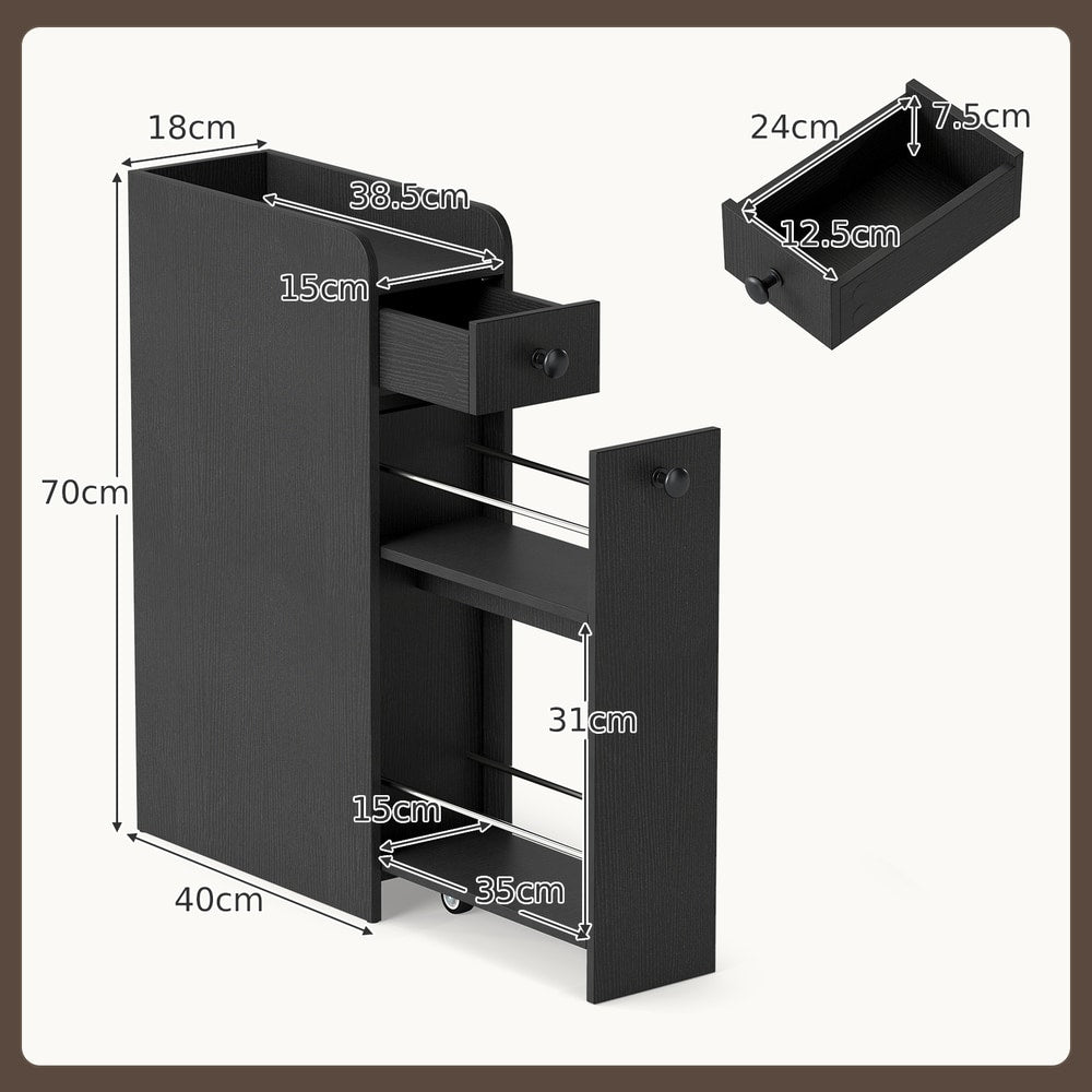 The floor cabinet with arrows indicating the dimensions of the unit and drawer