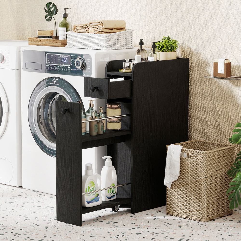 The floor cabinet positioned next to a washing machine in a laundry room