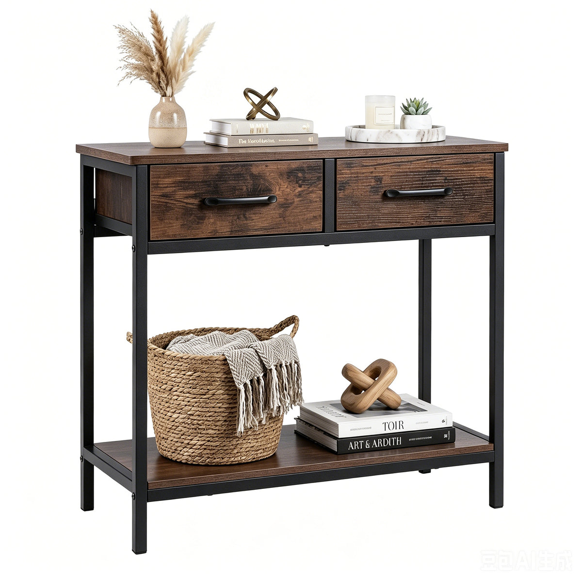 Narrow Console Table w/2 Fabric Drawers Open Compartment and Anti-Tipping Device-Rustic Brown