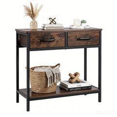 Narrow Console Table w/2 Fabric Drawers Open Compartment and Anti-Tipping Device-Rustic Brown