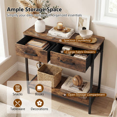Narrow Console Table w/2 Fabric Drawers Open Compartment and Anti-Tipping Device-Rustic Brown