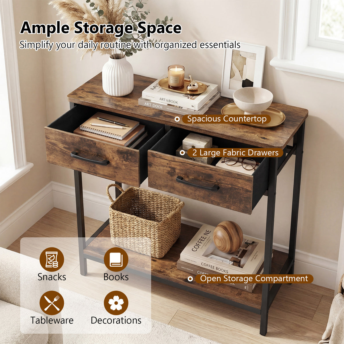 Narrow Console Table w/2 Fabric Drawers Open Compartment and Anti-Tipping Device-Rustic Brown