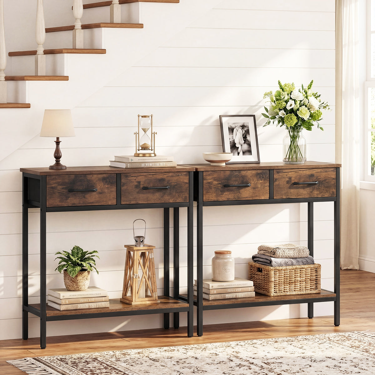 Narrow Console Table w/2 Fabric Drawers Open Compartment and Anti-Tipping Device-Rustic Brown