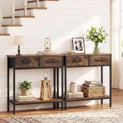 Narrow Console Table w/2 Fabric Drawers Open Compartment and Anti-Tipping Device-Rustic Brown