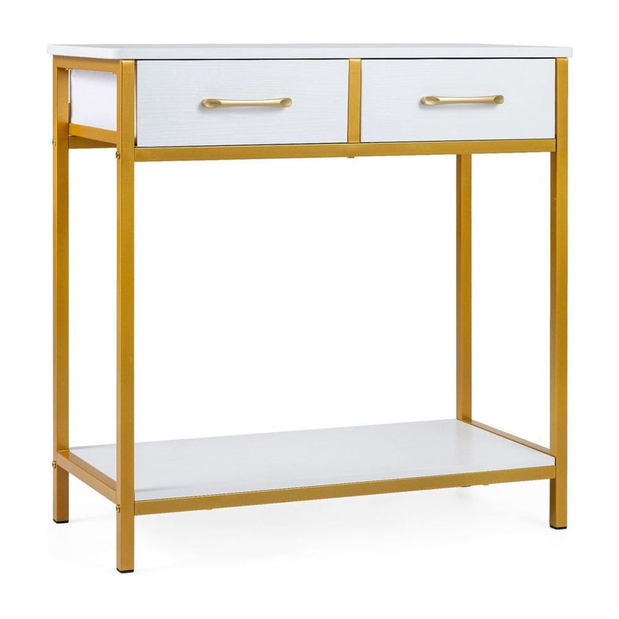 Narrow Console Table w/2 Fabric Drawers Open Compartment with white top and gold legs