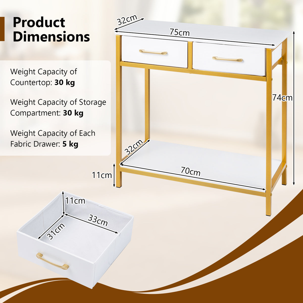 Narrow Console Table w/2 Fabric Drawers Open Compartment and Anti-Tipping Device-White