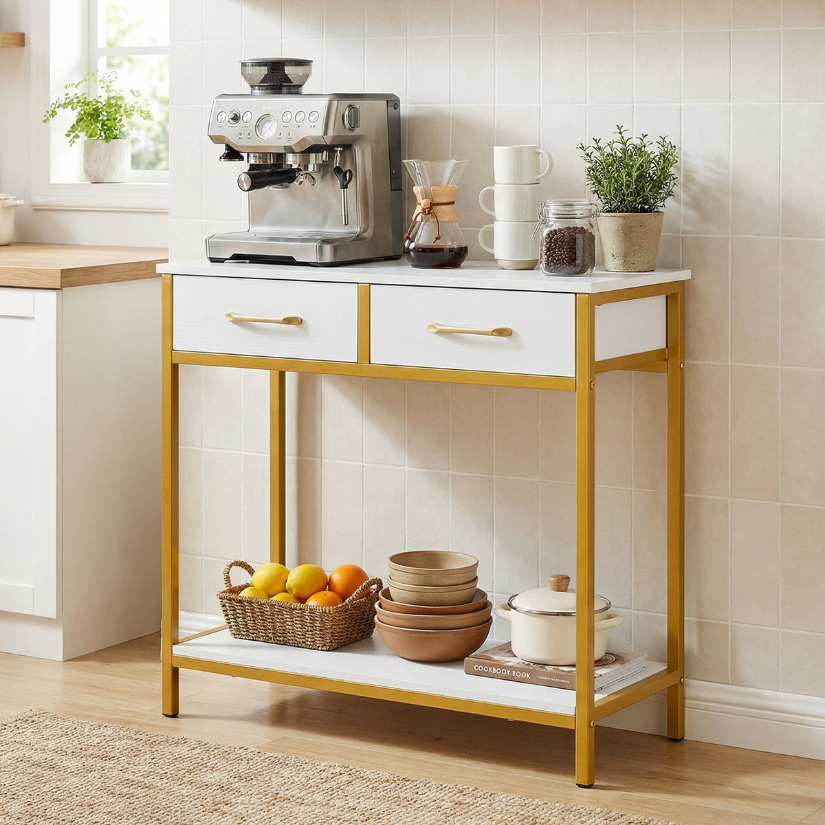 Narrow Console Table w/2 Fabric Drawers Open Compartment and Anti-Tipping Device-White
