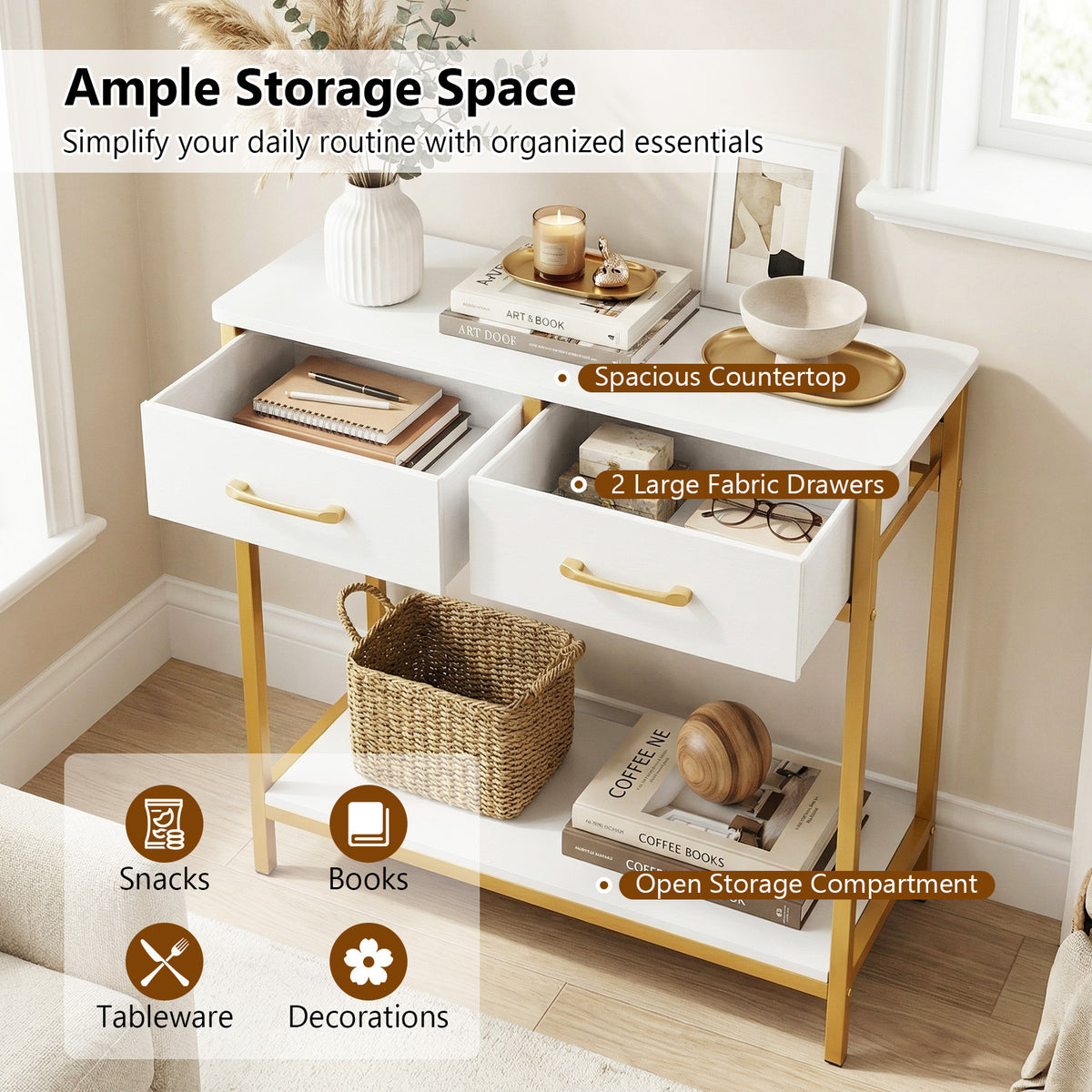 Narrow Console Table w/2 Fabric Drawers Open Compartment and Anti-Tipping Device-White
