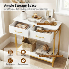 Narrow Console Table w/2 Fabric Drawers Open Compartment and Anti-Tipping Device-White
