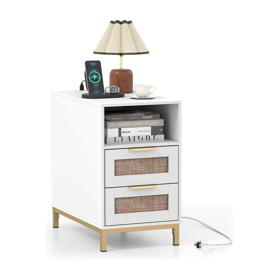 Narrow End Table with Charging Station and 2 Drawers for Bedroom-White