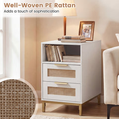 Narrow End Table with Charging Station and 2 Drawers for Bedroom-White