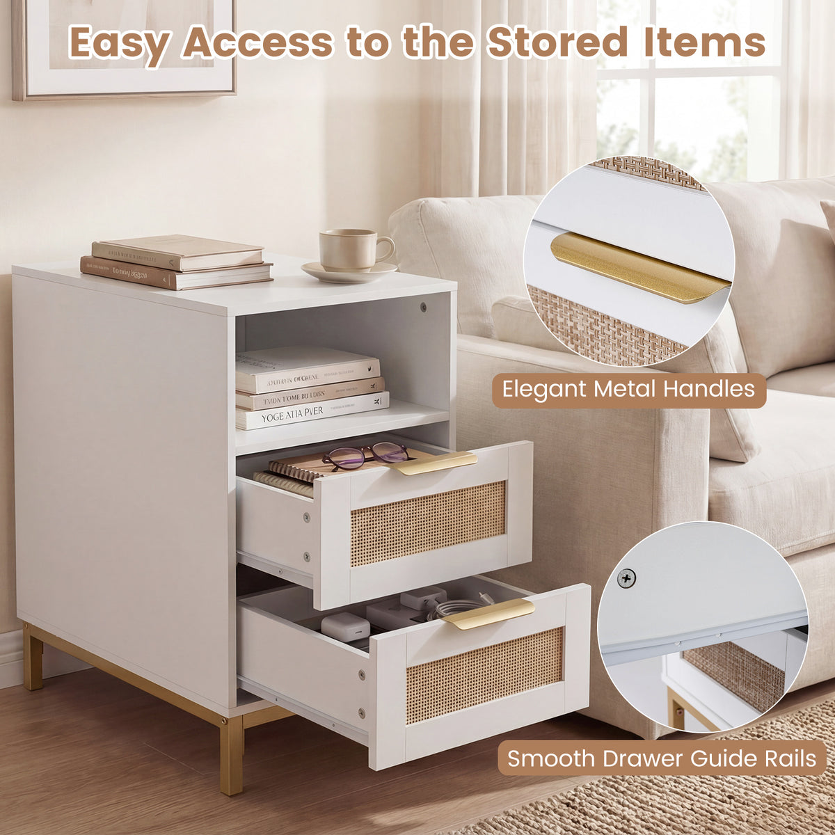 Narrow End Table with Charging Station and 2 Drawers for Bedroom-White
