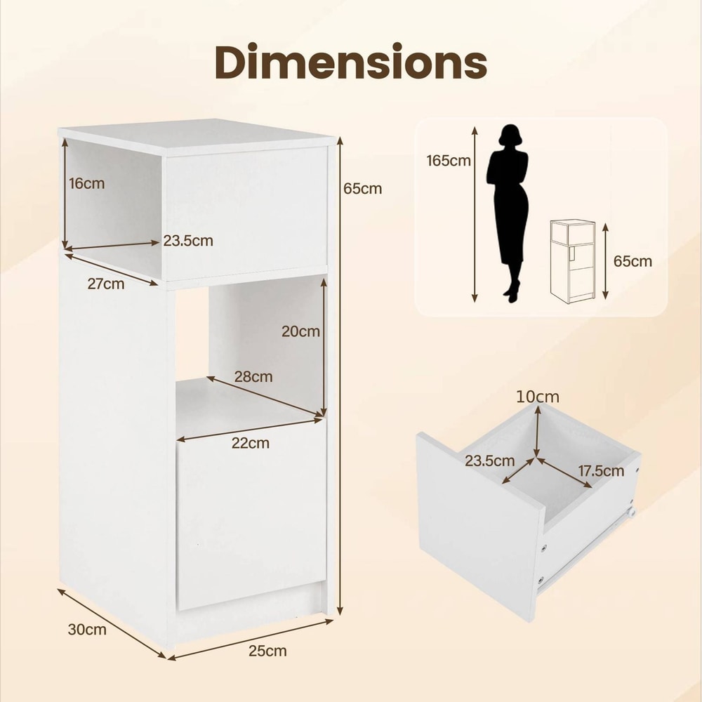 Narrow Nightstand with Drawer and 2 Storage Compartments for Small Spaces-White