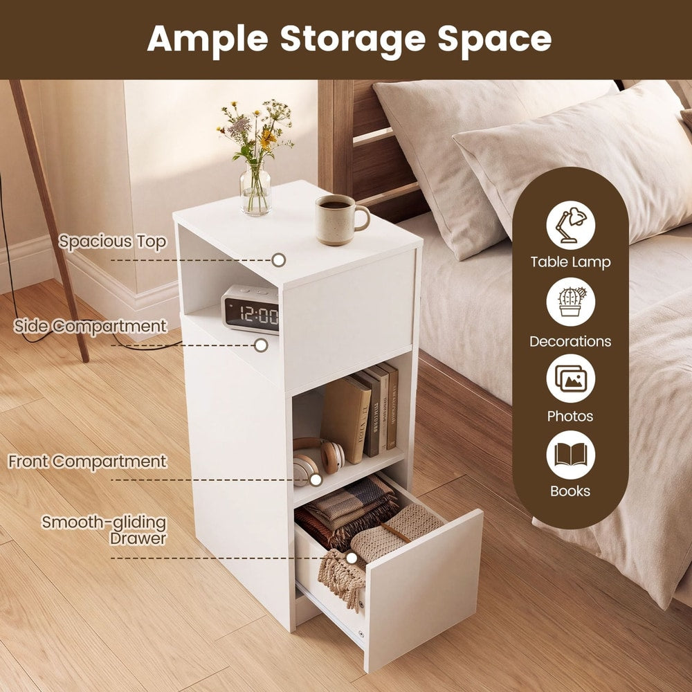 Narrow Nightstand with Drawer and 2 Storage Compartments for Small Spaces-White