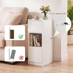 Narrow Nightstand with Drawer and 2 Storage Compartments for Small Spaces-White