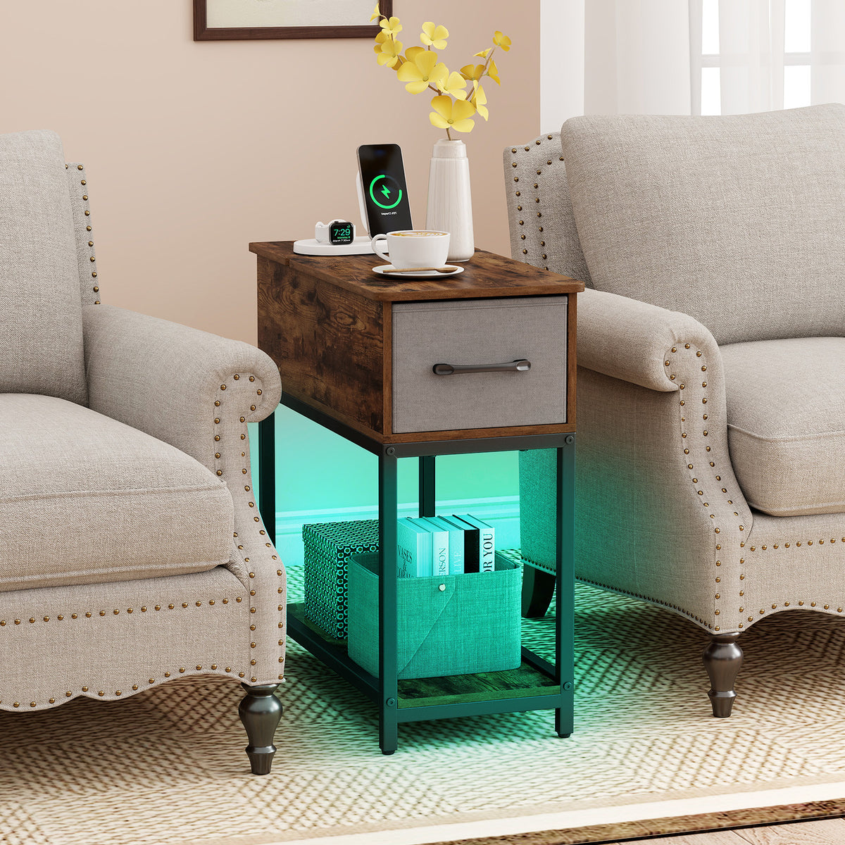 Narrow Side Table with Charging Station and LED Lights for Small Spaces-Rustic Brown