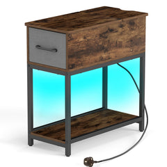 Narrow Side Table with Charging Station and LED Lights for Small Spaces-Rustic Brown