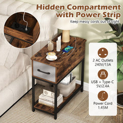The side table showing its hidden compartment with power strip and USB ports