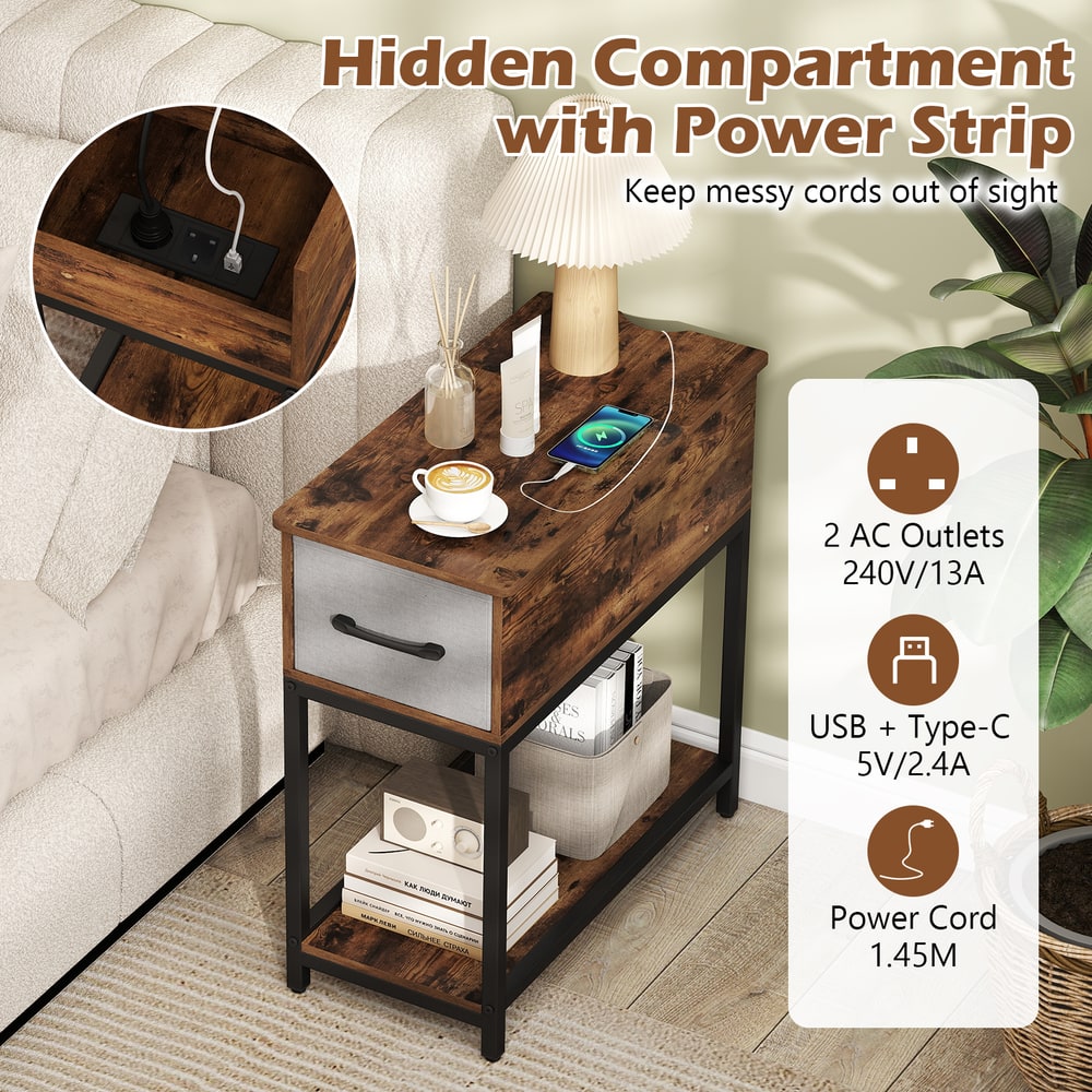 The side table showing its hidden compartment with power strip and USB ports