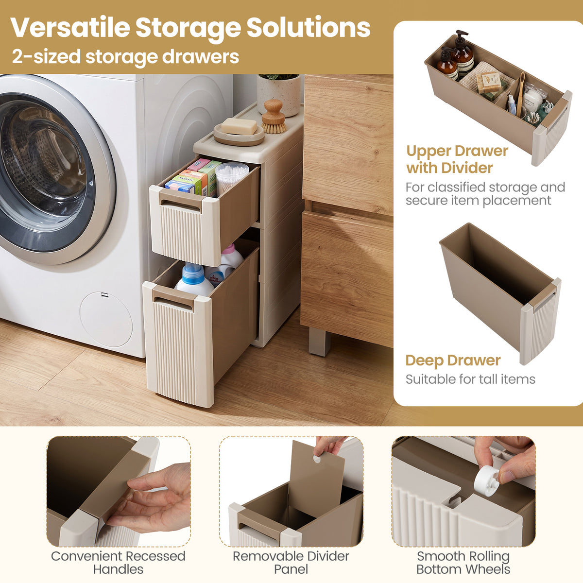 Narrow Storage Cabinet with 2/3/4 Drawers and Wheels-2 Drawers
