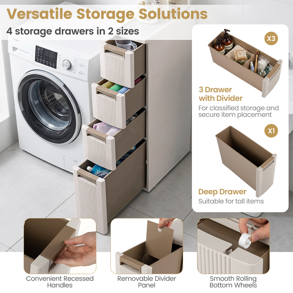 Narrow Storage Cabinet with 2/3/4 Drawers and Wheels-4 Drawers