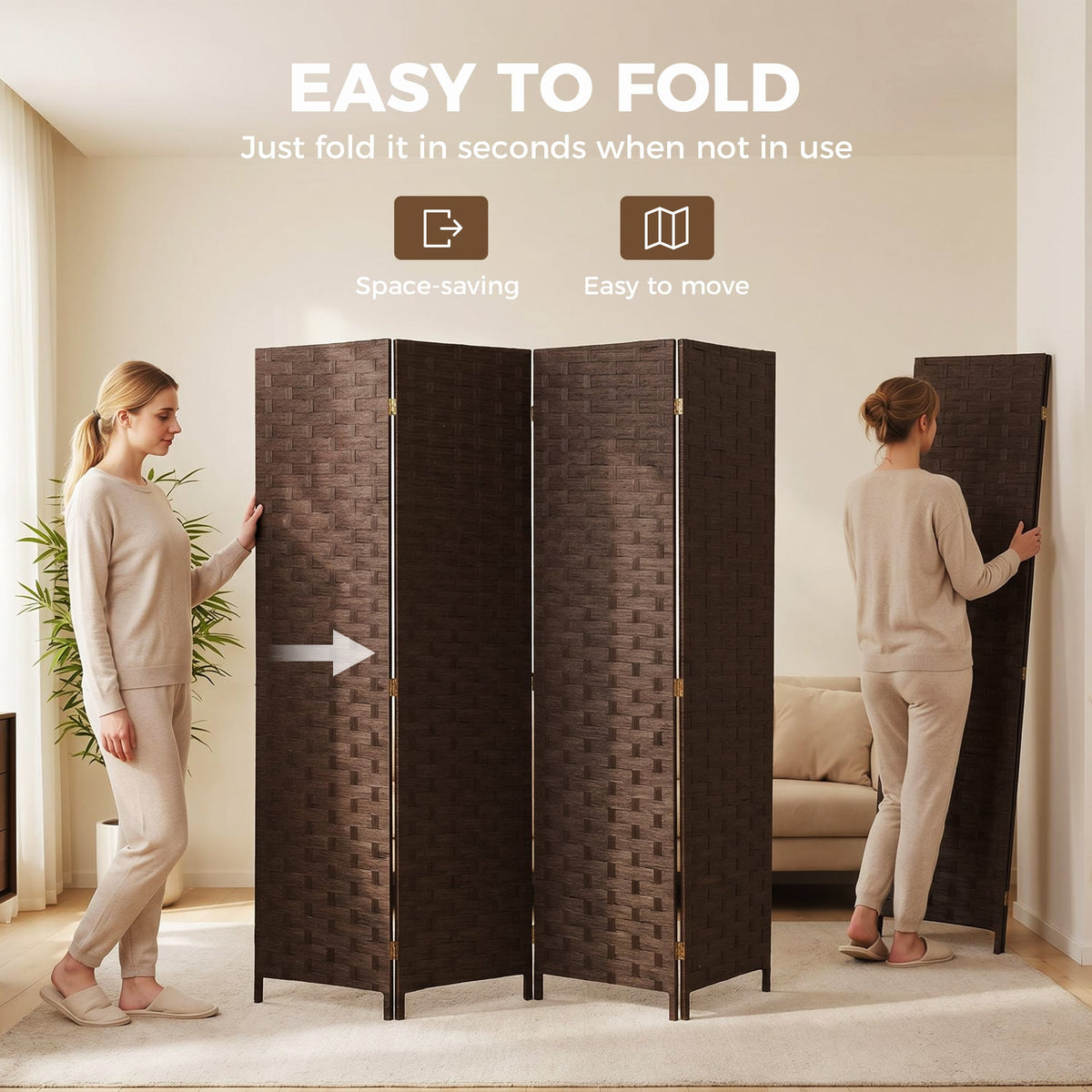 HOMCOM Wave Fibre Freestanding Folding Privacy Screen Panels, Room Divider, Dark Brown