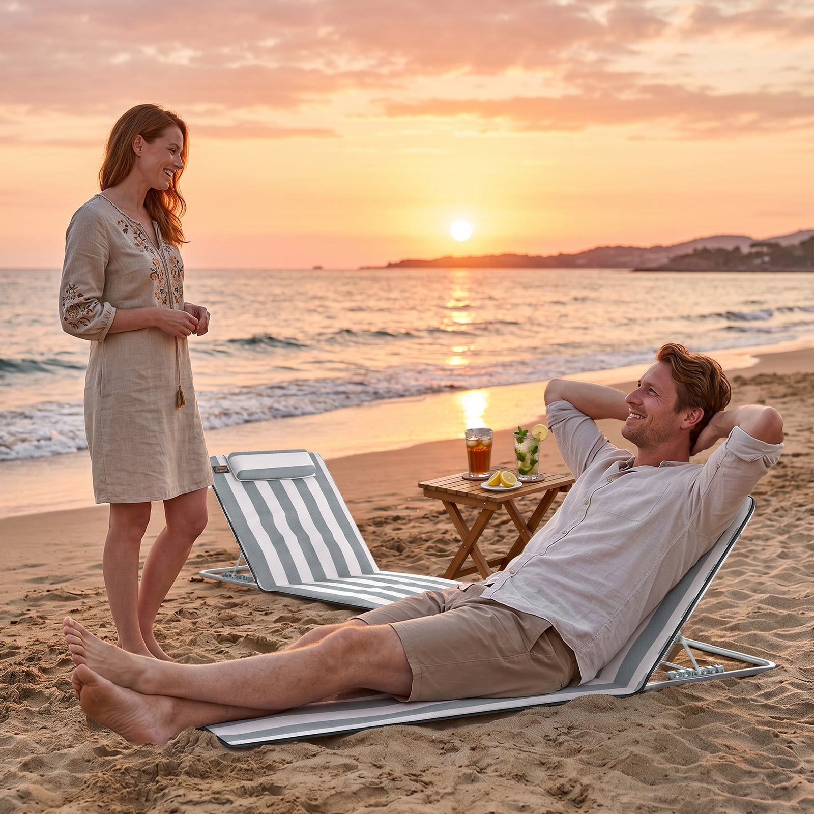 Outsunny Set of 2 Foldable Garden Beach Chair Mat Lightweight Outdoor Sun Lounger Seats Adjustable Back Metal Frame PE Fabric Head Pillow w/ Carry Bag, Light Grey