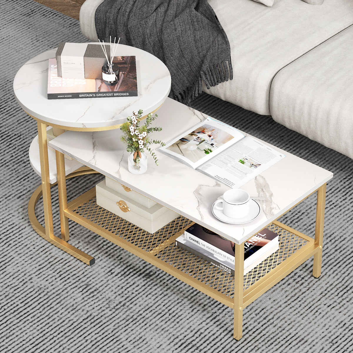 Set of 2 Nesting Coffee Table with Extra Storage Shelf-Golden