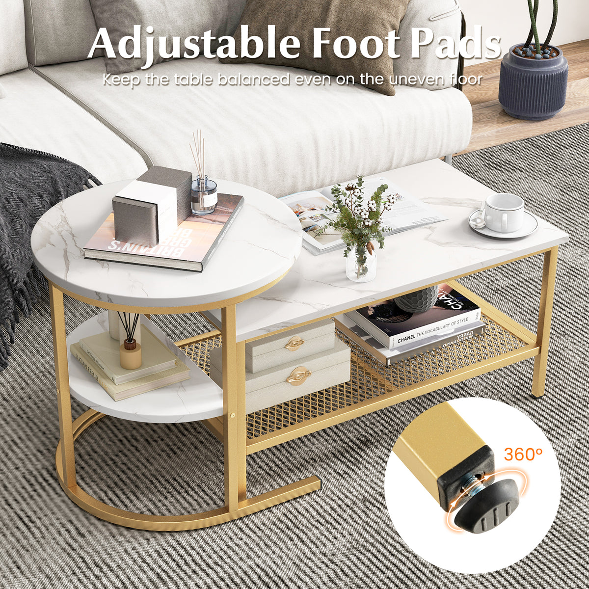 Set of 2 Nesting Coffee Table with Extra Storage Shelf-Golden