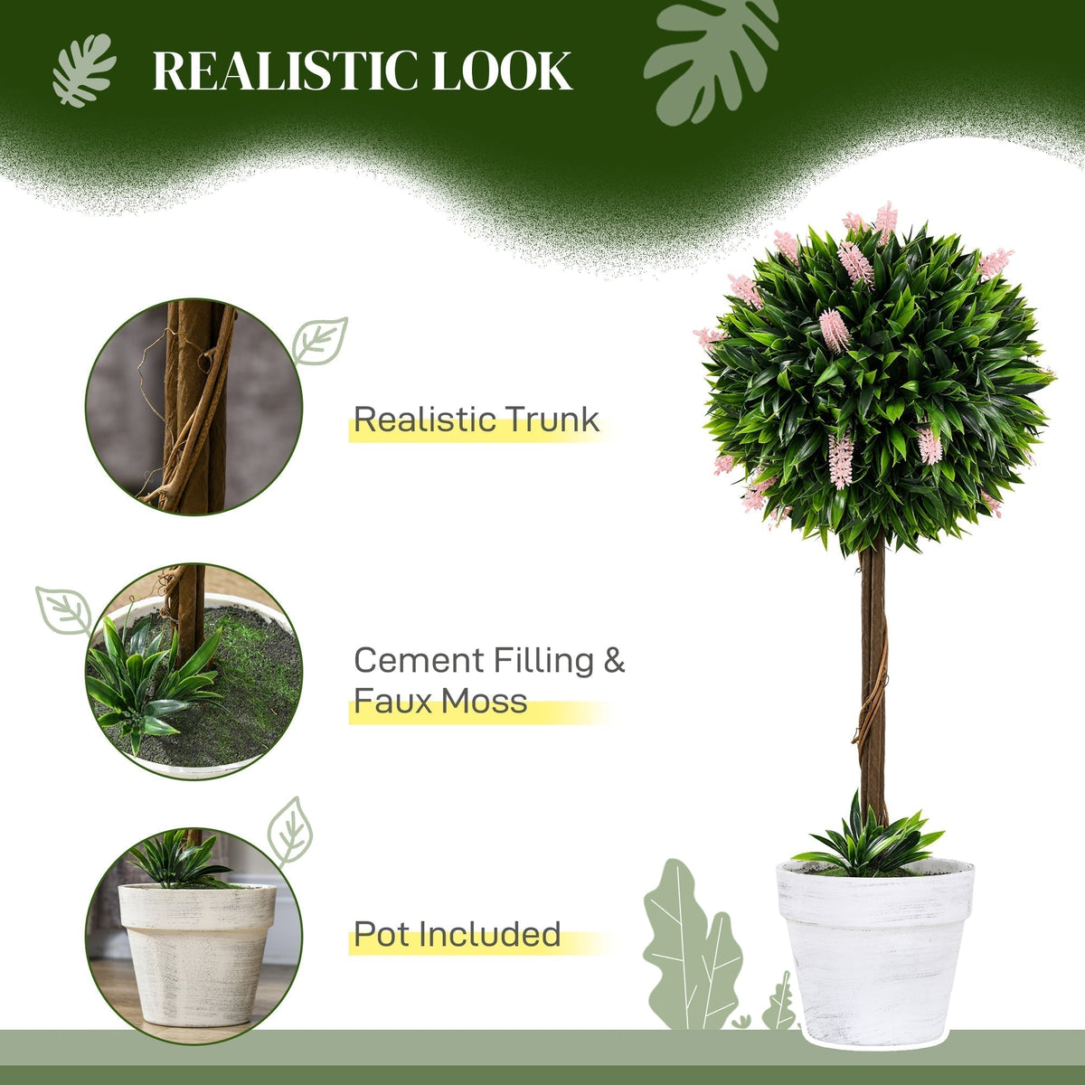 HOMCOM Set of 2 Decorative Artificial Plants Ball Trees with Flower for Home Indoor Outdoor Decor, 60cm,Pink
