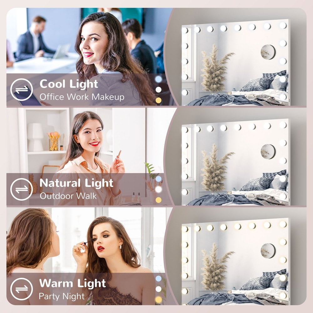 Three different light colour settings on the lighted dressing table mirror