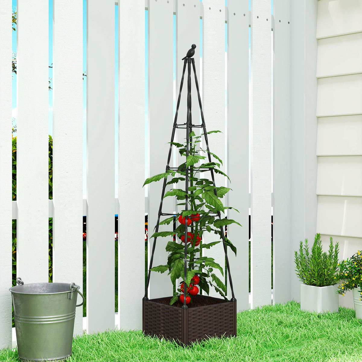 Outsunny Raised Bed for Garden, Raised Garden Bed Planter Box with Trellis, Self Watering, Drainage Holes and Plugs