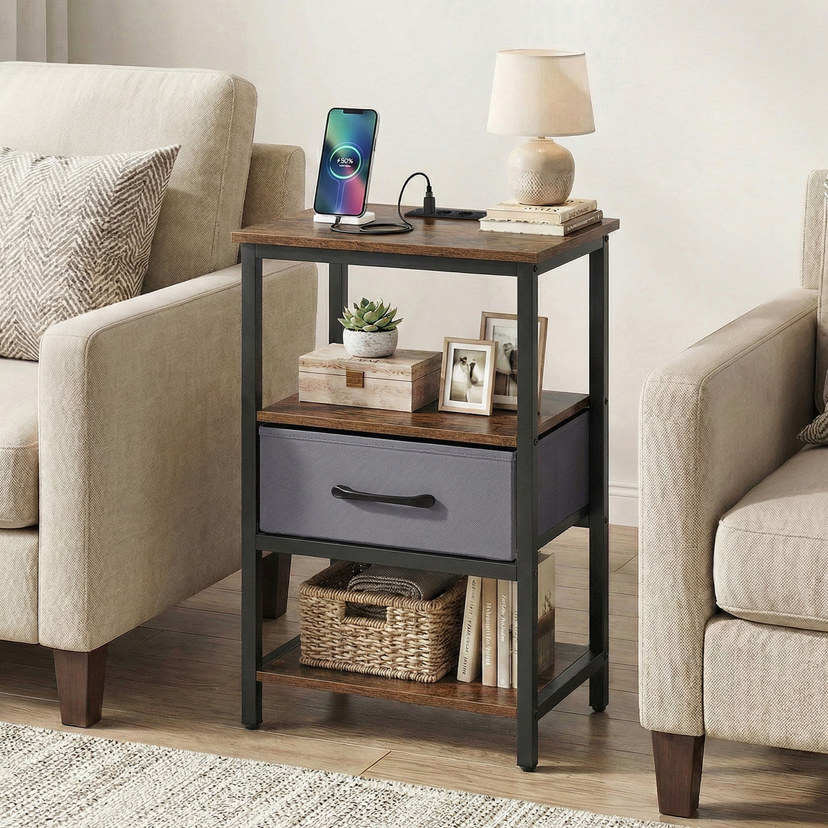 Nightstand Bedside Table with Charging Station and Drawer-Rustic Brown