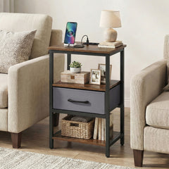 Nightstand Bedside Table with Charging Station and Drawer-Rustic Brown