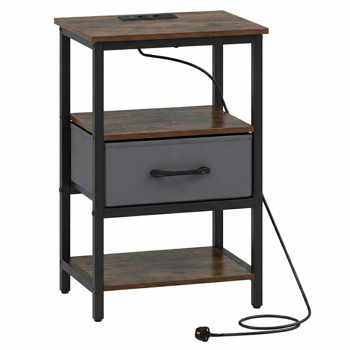 Nightstand Bedside Table with Charging Station and Drawer-Rustic Brown