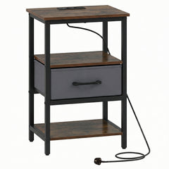 Nightstand Bedside Table with Charging Station and Drawer-Rustic Brown