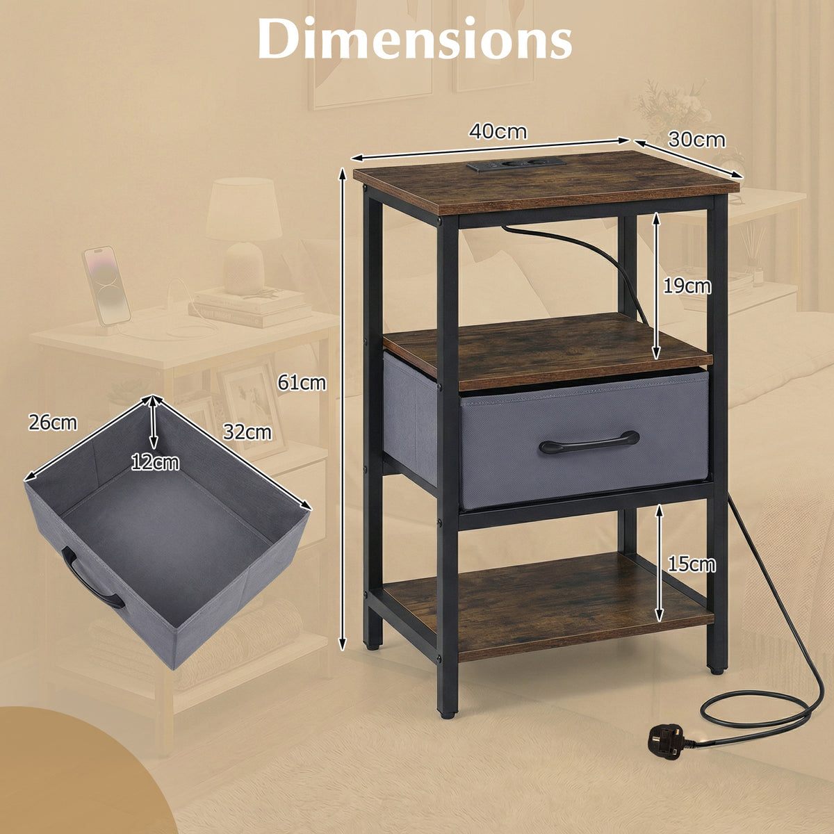Nightstand Bedside Table with Charging Station and Drawer-Rustic Brown