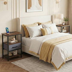 Nightstand Bedside Table with Charging Station and Drawer-Rustic Brown